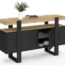 Buffet 140 cm PHOENIX 4 portes noir avec plateau bois