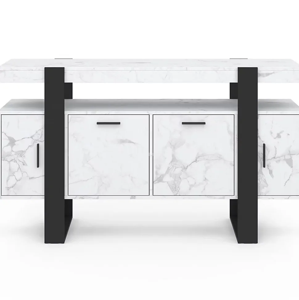 Buffet 140 cm PHOENIX 4 portes effet marbre blanc ALASKA et noir