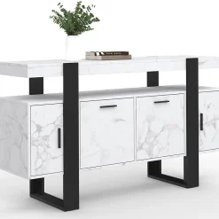 Buffet 140 cm PHOENIX 4 portes effet marbre blanc ALASKA et noir