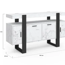 Buffet 140 cm PHOENIX 4 portes effet marbre blanc ALASKA et noir