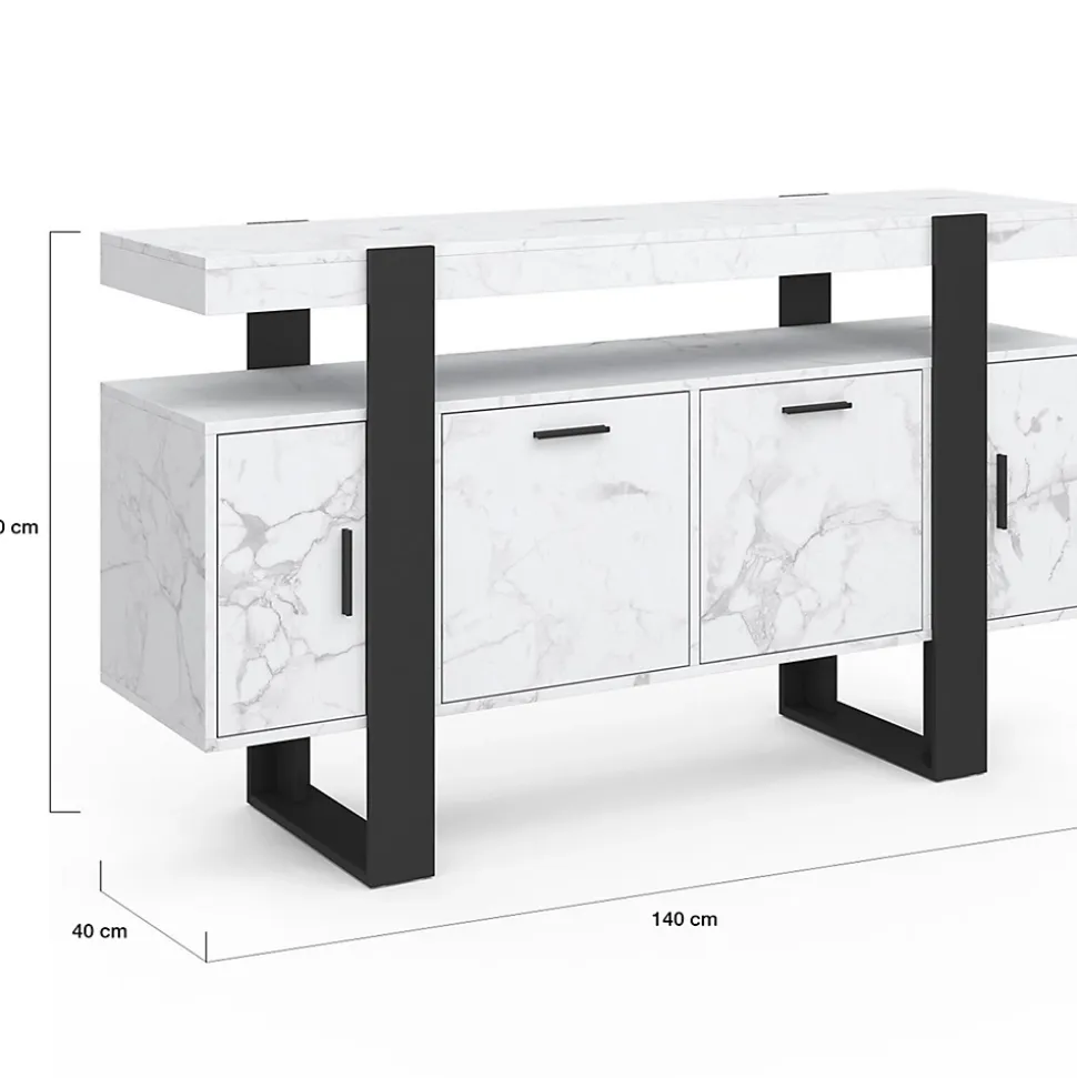 Buffet 140 cm PHOENIX 4 portes effet marbre blanc ALASKA et noir