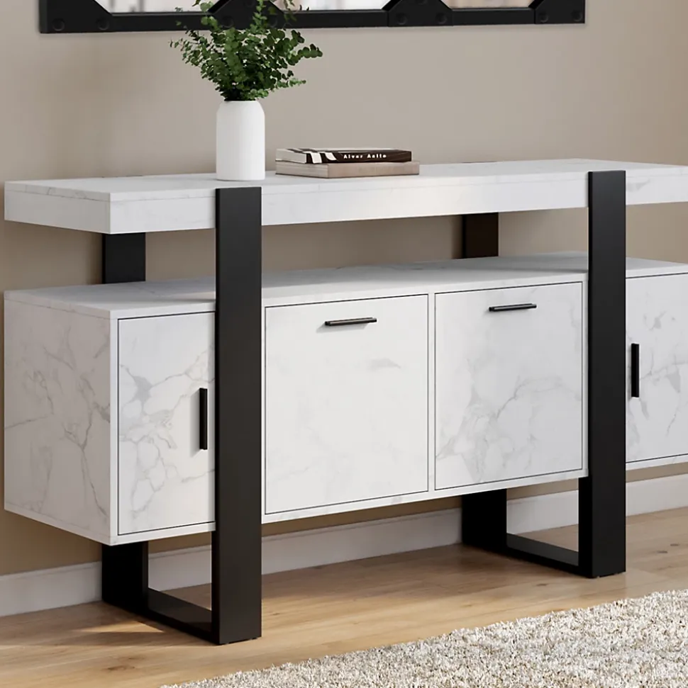 Buffet 140 cm PHOENIX 4 portes effet marbre blanc ALASKA et noir
