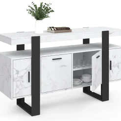 Buffet 140 cm PHOENIX 4 portes effet marbre blanc ALASKA et noir