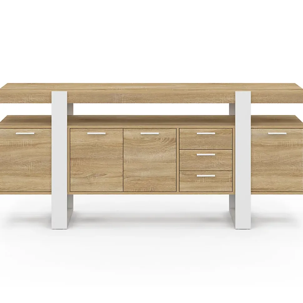 Buffet 180 cm PHOENIX XXL 4 portes avec 3 tiroirs bois et blanc