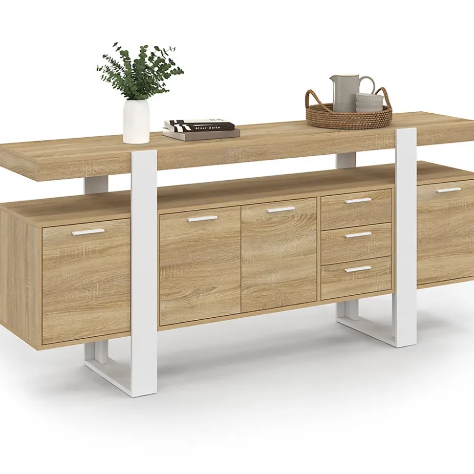 Buffet 180 cm PHOENIX XXL 4 portes avec 3 tiroirs bois et blanc