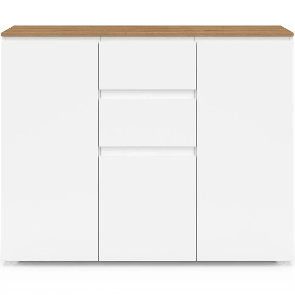 Buffet 100 cm TOBY 3 portes 2 tiroirs blanc et plateau bois