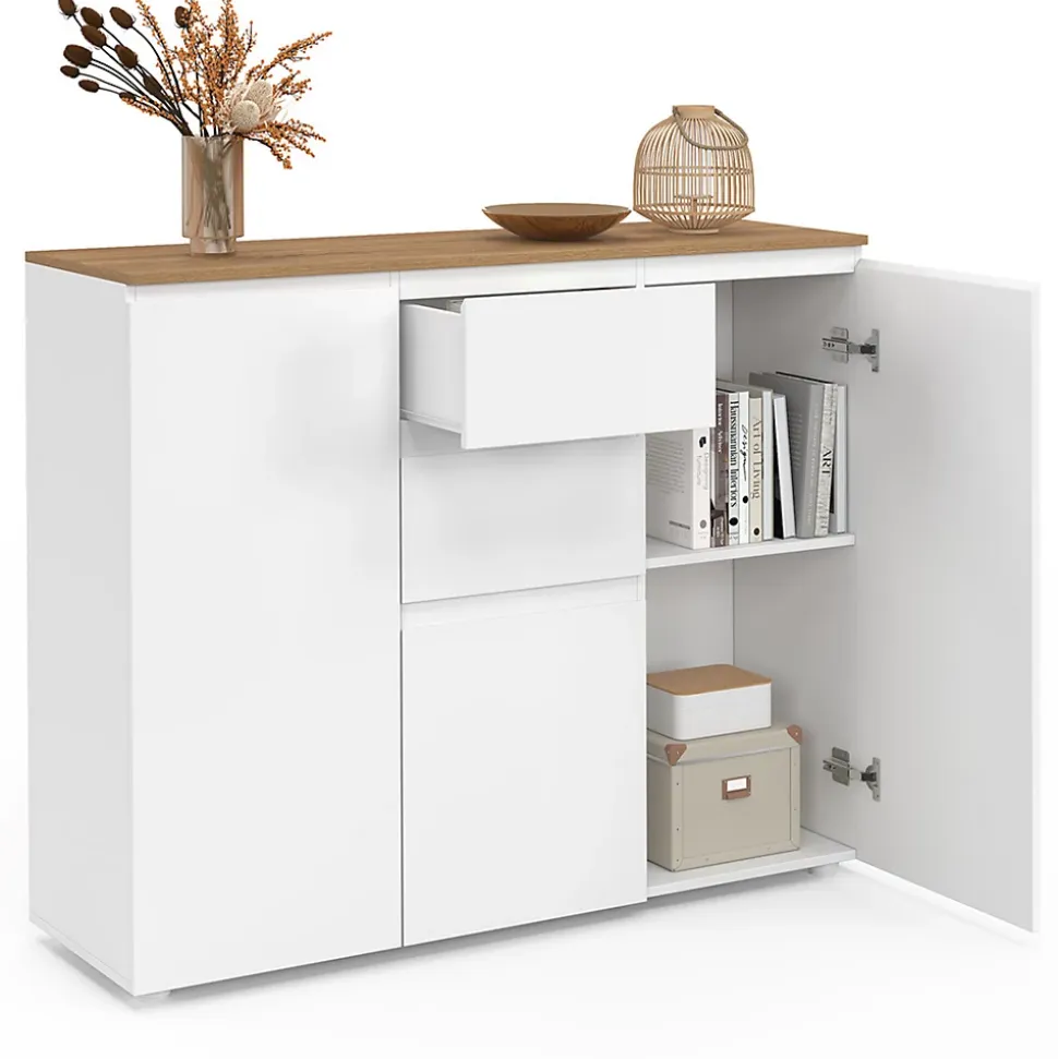 Buffet 100 cm TOBY 3 portes 2 tiroirs blanc et plateau bois