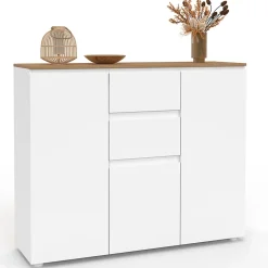 Buffet 100 cm TOBY 3 portes 2 tiroirs blanc et plateau bois