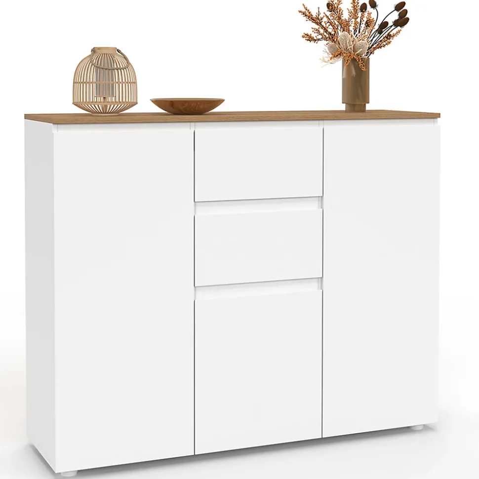 Buffet 100 cm TOBY 3 portes 2 tiroirs blanc et plateau bois