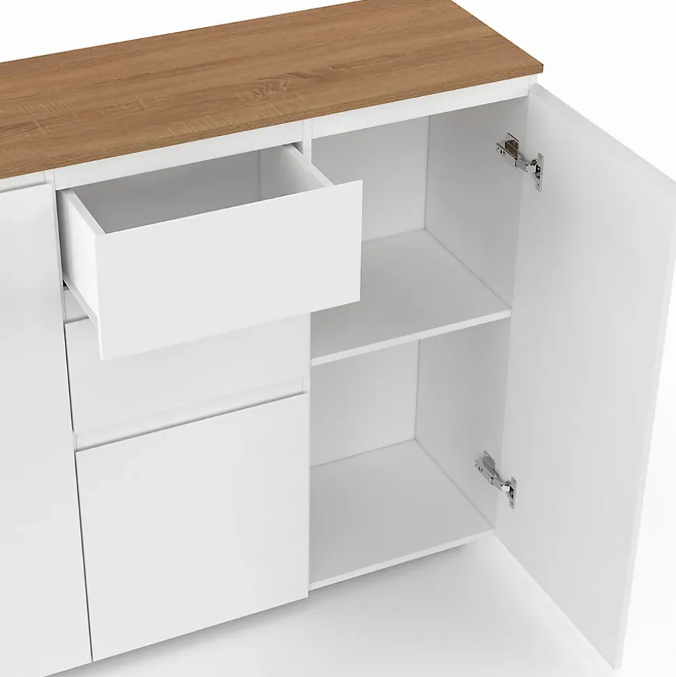 Buffet 100 cm TOBY 3 portes 2 tiroirs blanc et plateau bois