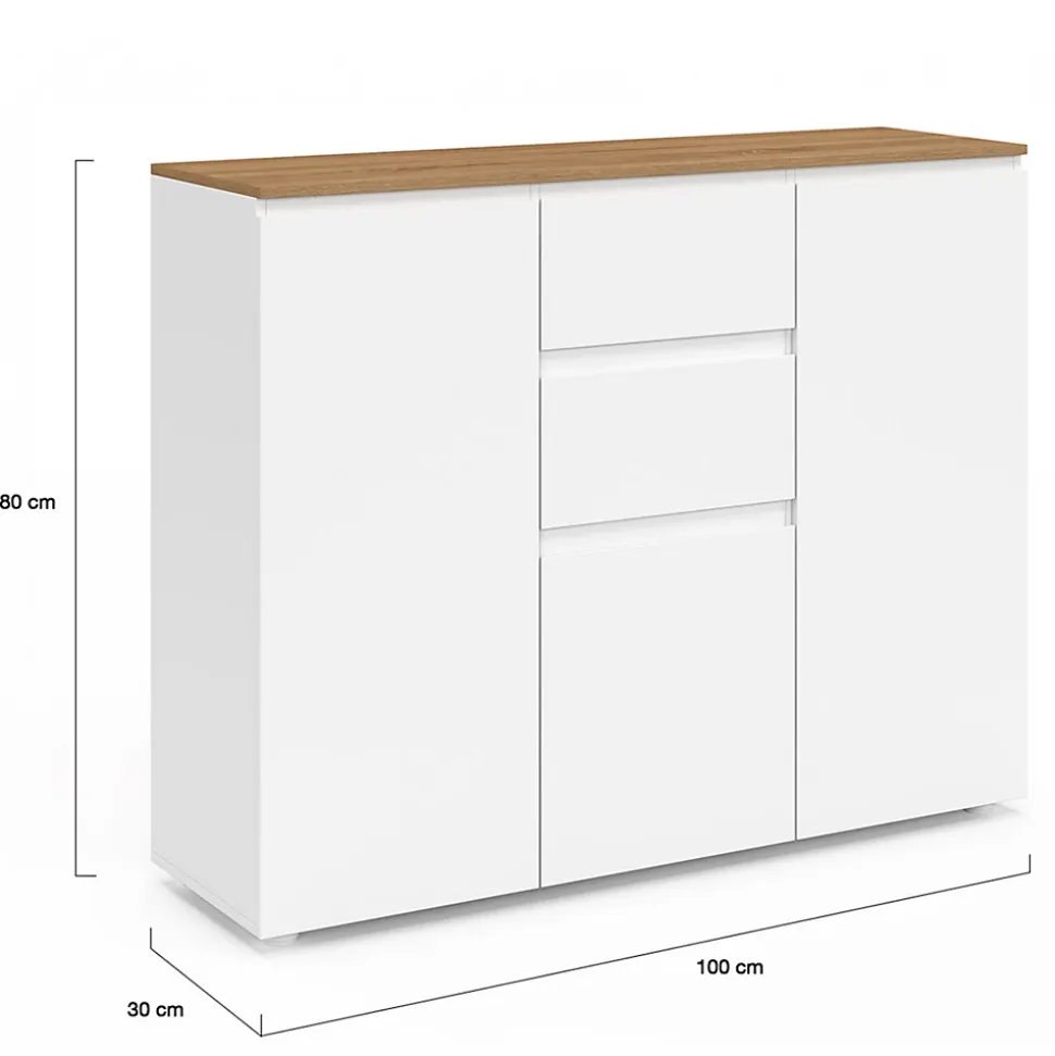 Buffet 100 cm TOBY 3 portes 2 tiroirs blanc et plateau bois
