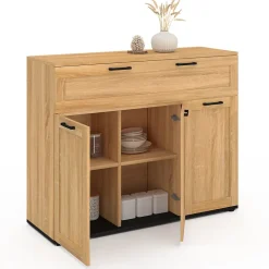 Buffet 100 cm VITO 3 portes et 1 tiroir façon hêtre et poignées noires