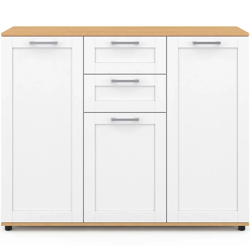 Buffet 100 cm VITO 3 portes et 2 tiroirs blanc et plateau bois