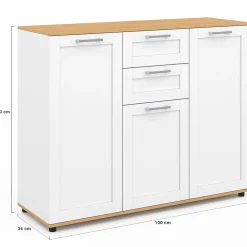Buffet 100 cm VITO 3 portes et 2 tiroirs blanc et plateau bois