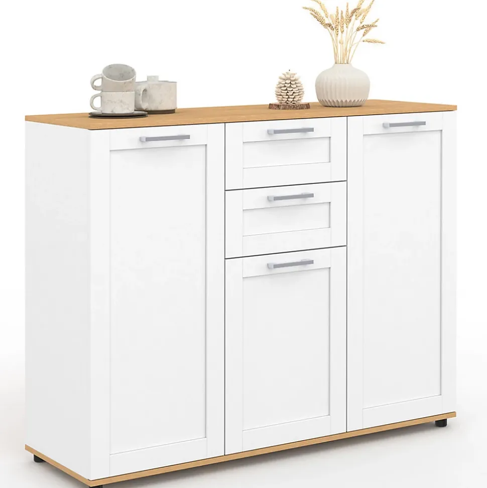 Buffet 100 cm VITO 3 portes et 2 tiroirs blanc et plateau bois