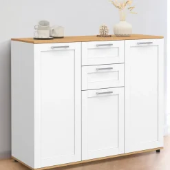 Buffet 100 cm VITO 3 portes et 2 tiroirs blanc et plateau bois