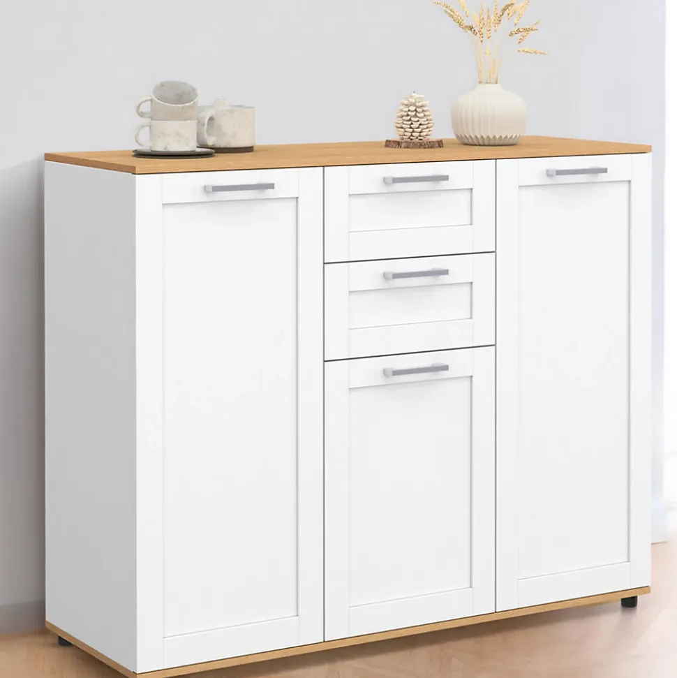 Buffet 100 cm VITO 3 portes et 2 tiroirs blanc et plateau bois