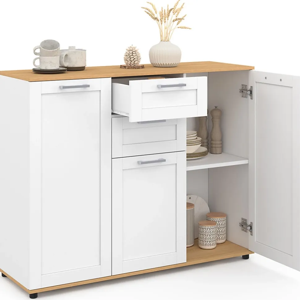 Buffet 100 cm VITO 3 portes et 2 tiroirs blanc et plateau bois