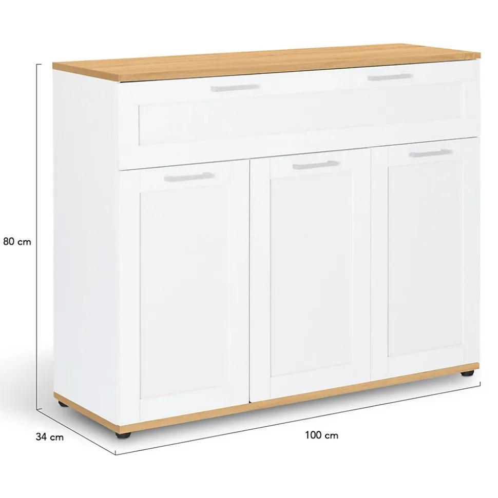 Buffet 100 cm VITO 3 portes et 1 tiroir blanc et plateau bois