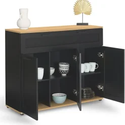 Buffet 100 cm VITO 3 portes et 1 tiroir noir et plateau bois