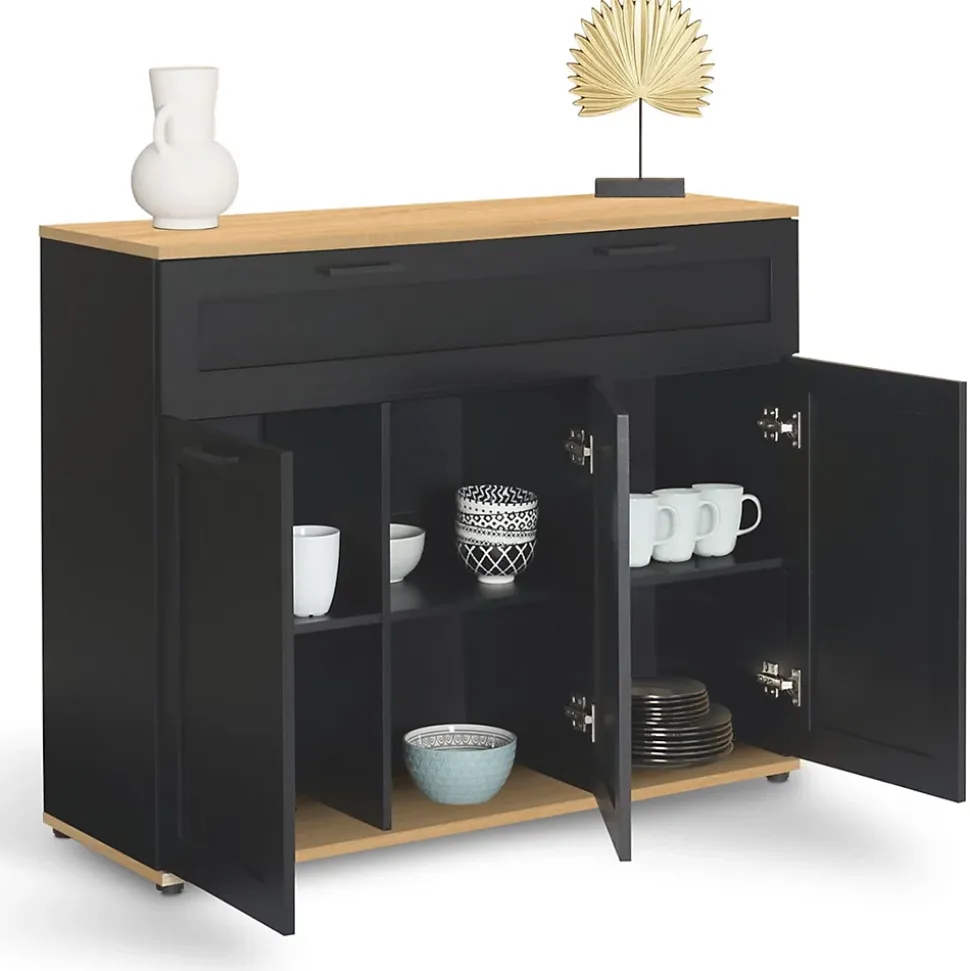 Buffet 100 cm VITO 3 portes et 1 tiroir noir et plateau bois