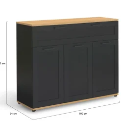 Buffet 100 cm VITO 3 portes et 1 tiroir noir et plateau bois