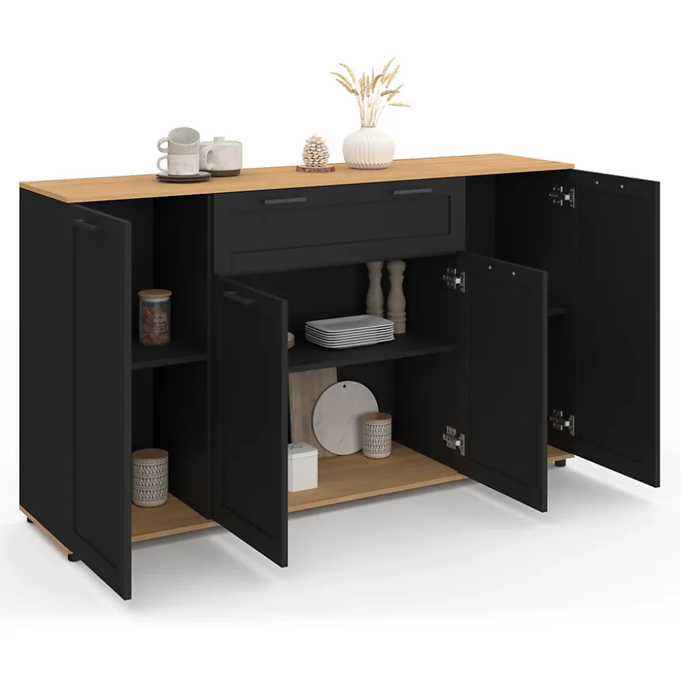 Buffet 140 cm VITO 4 portes et 1 tiroir noir et bois