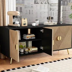 Buffet - Meuble de Rangement avec Poignées demi-Cercle + Charnières Soft-Close - MDF + PB - 160x40x75 cm - Marron + Noir