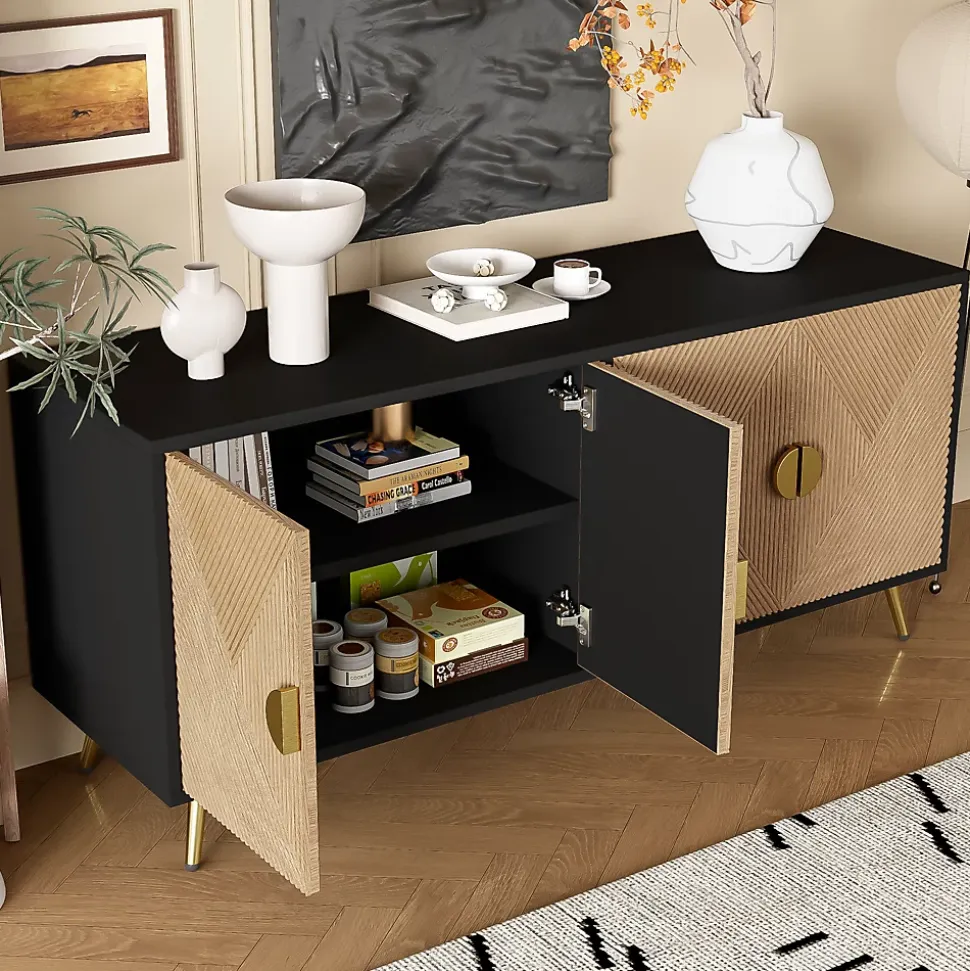 Buffet - Meuble de Rangement avec Poignées demi-Cercle + Charnières Soft-Close - MDF + PB - 160x40x75 cm - Marron + Noir