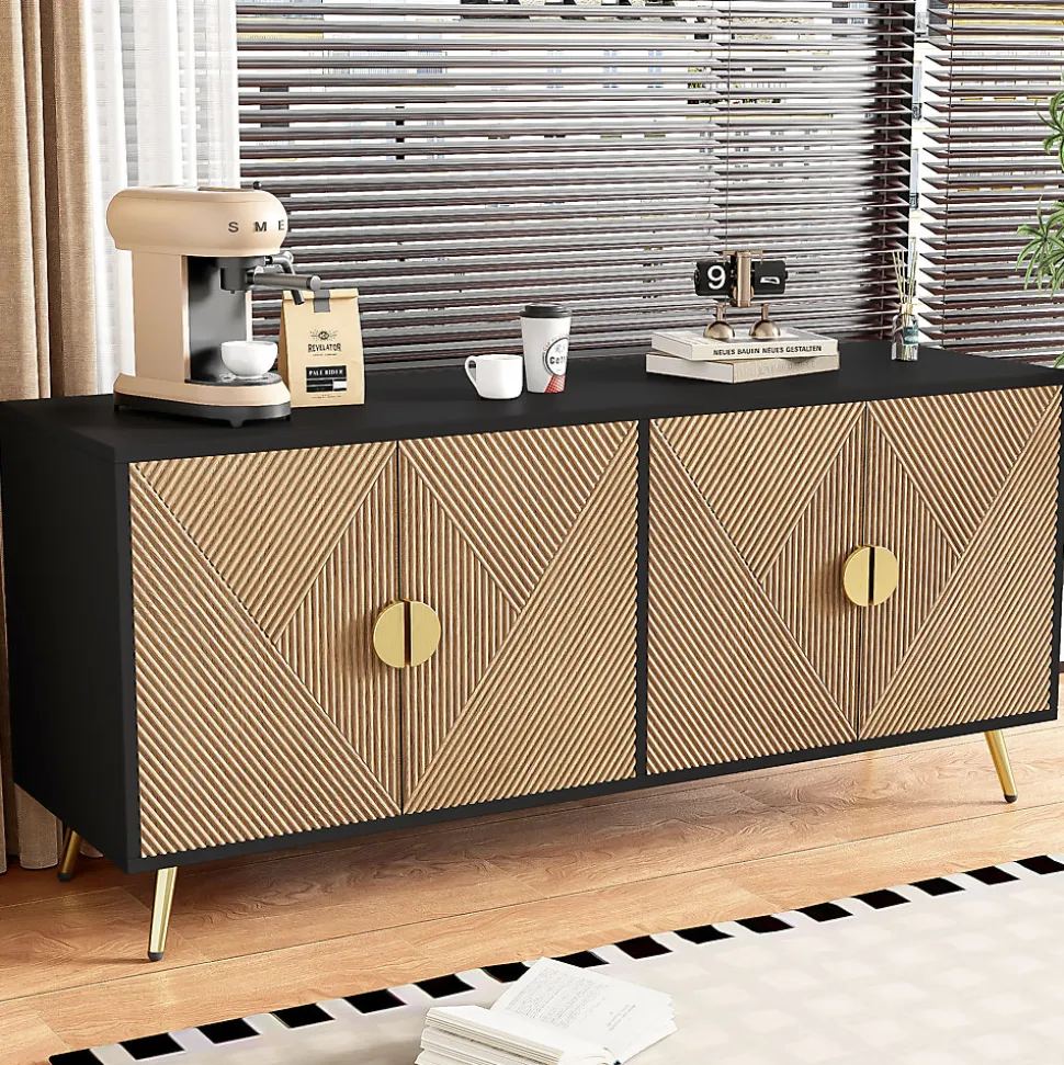 Buffet - Meuble de Rangement avec Poignées demi-Cercle + Charnières Soft-Close - MDF + PB - 160x40x75 cm - Marron + Noir