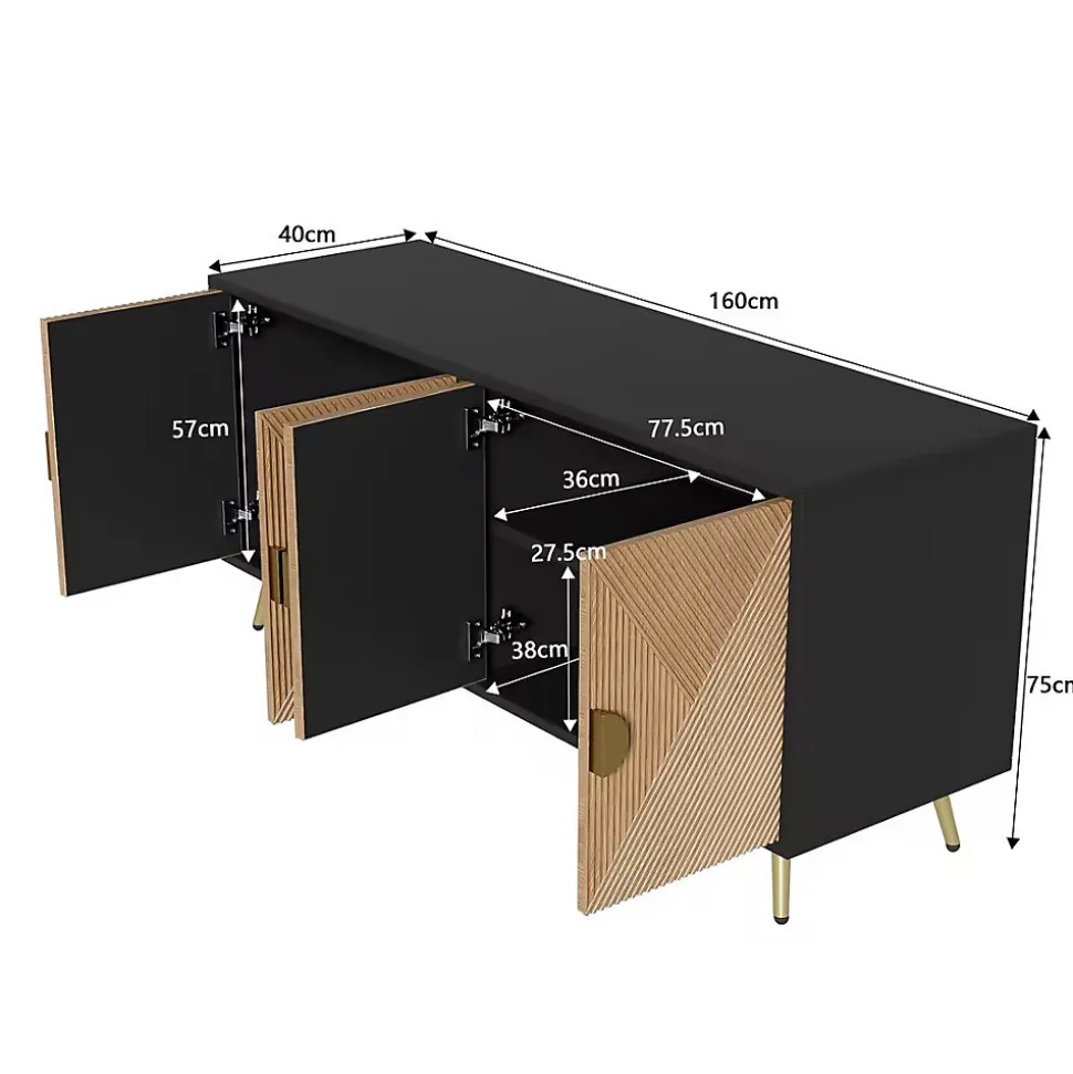 Buffet - Meuble de Rangement avec Poignées demi-Cercle + Charnières Soft-Close - MDF + PB - 160x40x75 cm - Marron + Noir