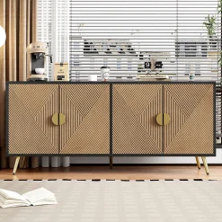 Buffet - Meuble de Rangement avec Poignées demi-Cercle + Charnières Soft-Close - MDF + PB - 160x40x75 cm - Marron + Noir