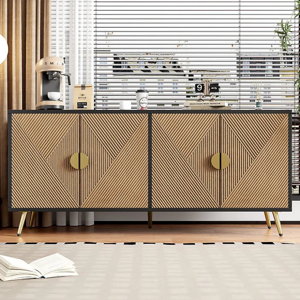 Buffet - Meuble de Rangement avec Poignées demi-Cercle + Charnières Soft-Close - MDF + PB - 160x40x75 cm - Marron + Noir