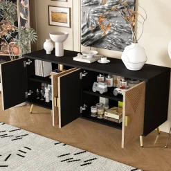 Buffet - Meuble de Rangement avec Poignées demi-Cercle + Charnières Soft-Close - MDF + PB - 160x40x75 cm - Marron + Noir