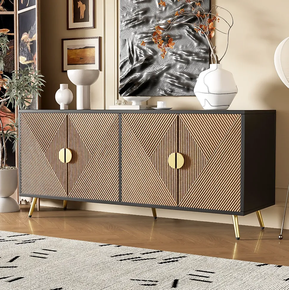 Buffet - Meuble de Rangement avec Poignées demi-Cercle + Charnières Soft-Close - MDF + PB - 160x40x75 cm - Marron + Noir