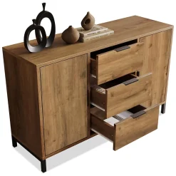 Buffet - Meuble de Rangement avec 2 Portes et 3 Tiroirs, Bois Massif, Marron, 120x40x76 cm