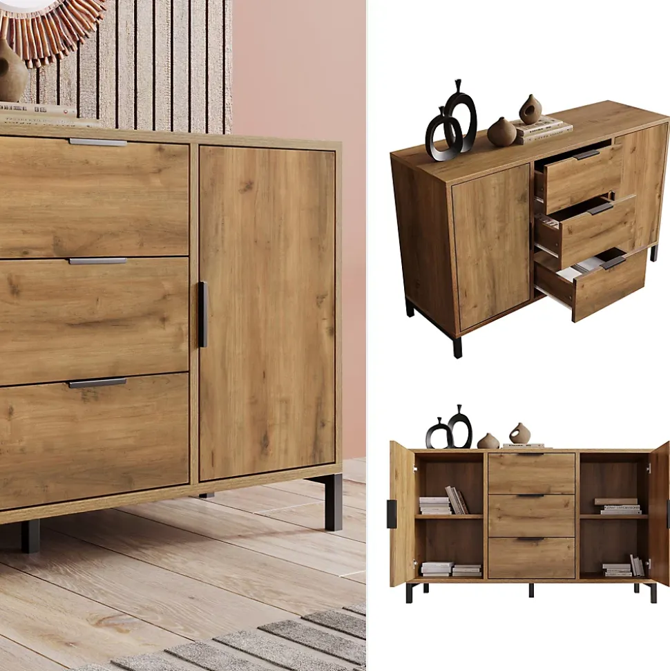 Buffet - Meuble de Rangement avec 2 Portes et 3 Tiroirs, Bois Massif, Marron, 120x40x76 cm