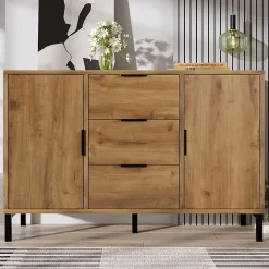 Buffet - Meuble de Rangement avec 2 Portes et 3 Tiroirs, Bois Massif, Marron, 120x40x76 cm
