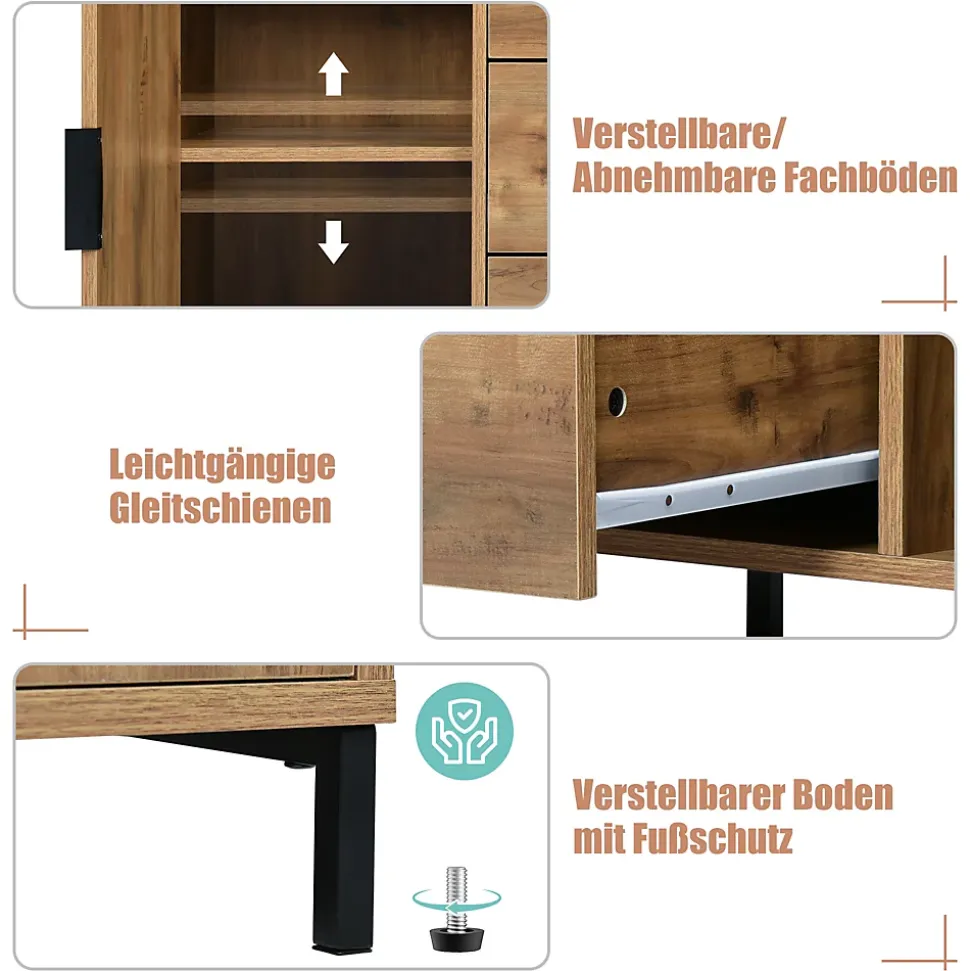 Buffet - Meuble de Rangement avec 2 Portes et 3 Tiroirs, Bois Massif, Marron, 120x40x76 cm