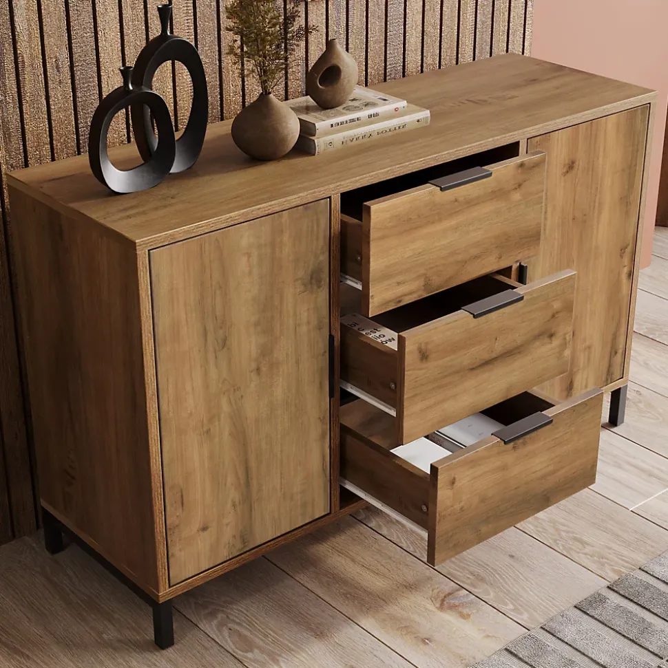 Buffet - Meuble de Rangement avec 2 Portes et 3 Tiroirs, Bois Massif, Marron, 120x40x76 cm