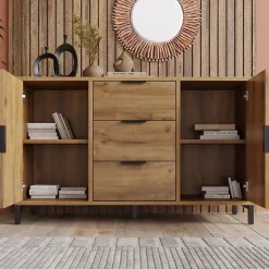 Buffet - Meuble de Rangement avec 2 Portes et 3 Tiroirs, Bois Massif, Marron, 120x40x76 cm