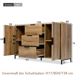 Buffet - Meuble de Rangement avec 2 Portes et 3 Tiroirs, Bois Massif, Marron, 120x40x76 cm
