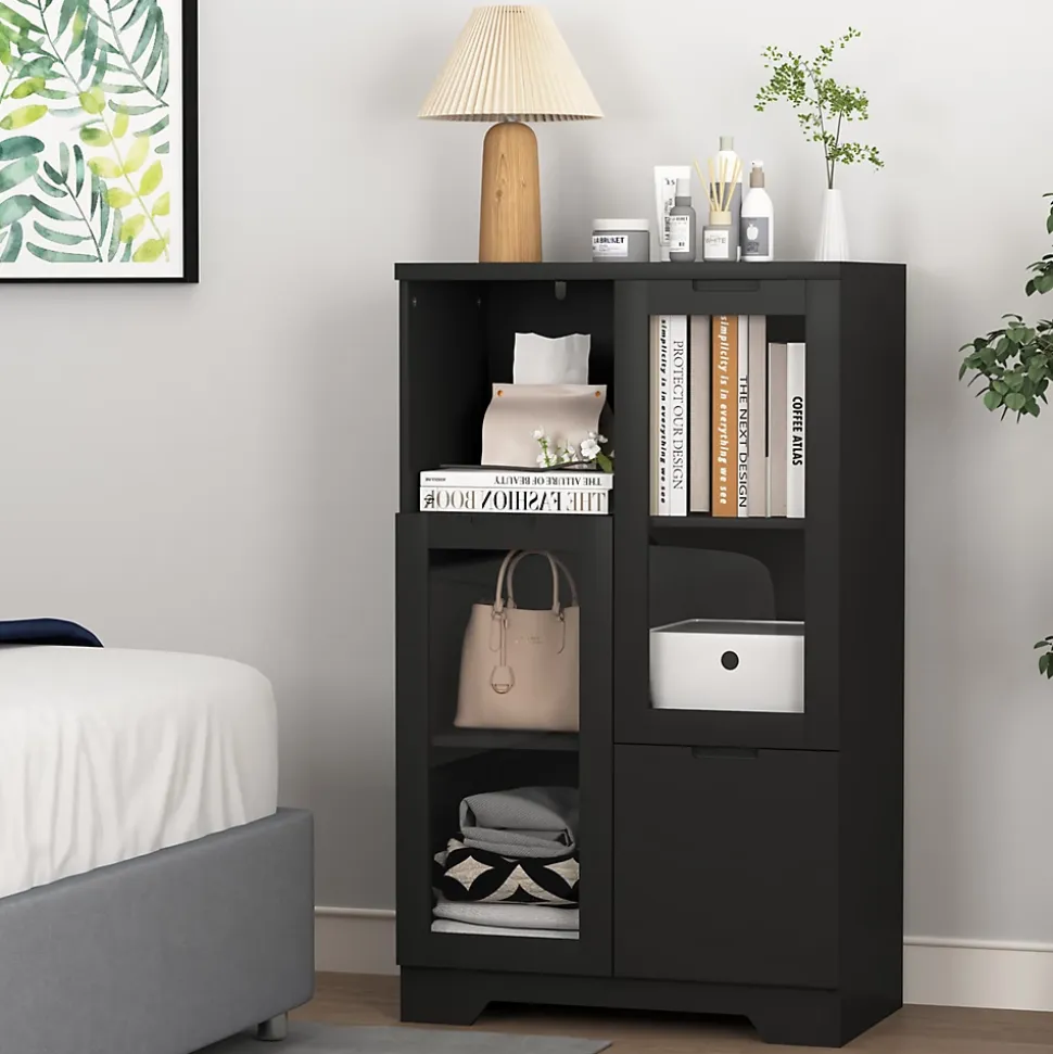 Buffet - Meuble de Rangement Moderne avec Tiroir et Portes en Verre, Buffet en MDF avec Espace ouvert, 65 x 30 x 100 cm, Noir