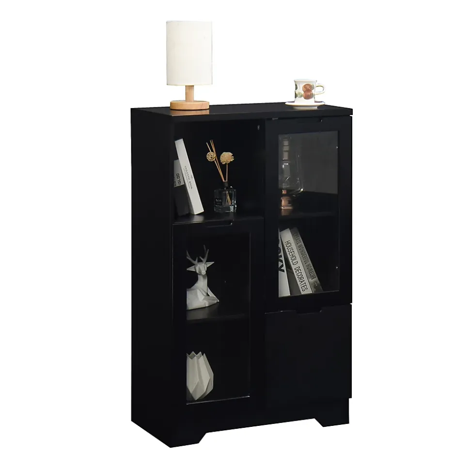 Buffet - Meuble de Rangement Moderne avec Tiroir et Portes en Verre, Buffet en MDF avec Espace ouvert, 65 x 30 x 100 cm, Noir