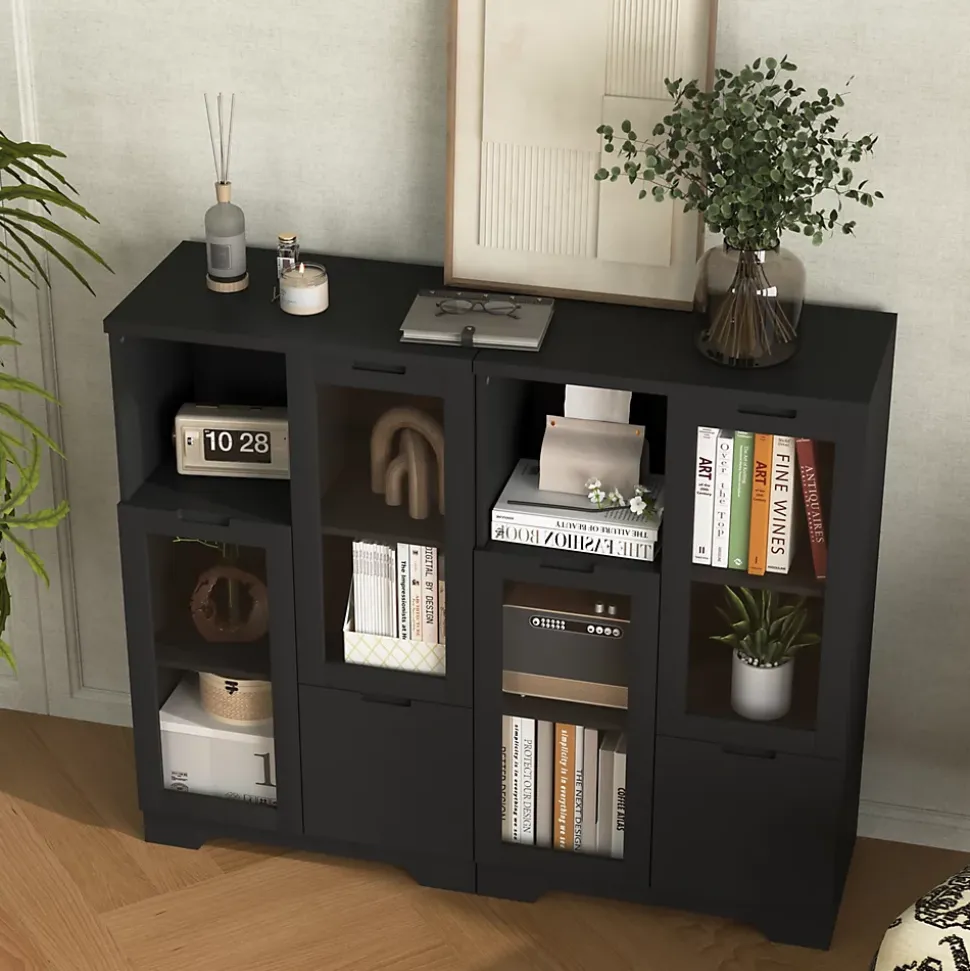 Buffet - Meuble de Rangement Moderne avec Tiroir et Portes en Verre, Buffet en MDF avec Espace ouvert, 65 x 30 x 100 cm, Noir