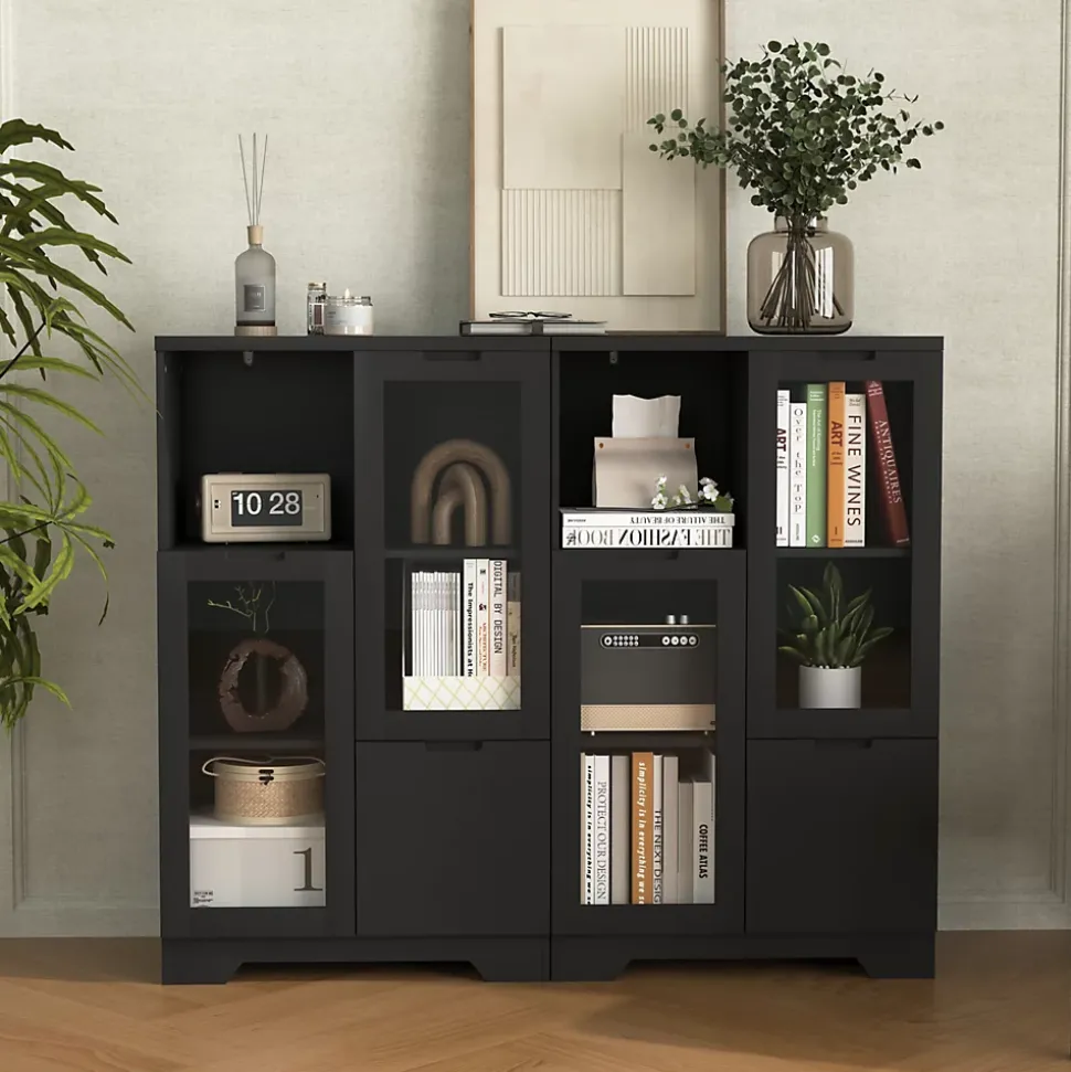Buffet - Meuble de Rangement Moderne avec Tiroir et Portes en Verre, Buffet en MDF avec Espace ouvert, 65 x 30 x 100 cm, Noir