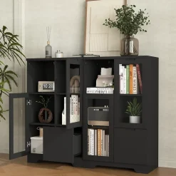Buffet - Meuble de Rangement Moderne avec Tiroir et Portes en Verre, Buffet en MDF avec Espace ouvert, 65 x 30 x 100 cm, Noir