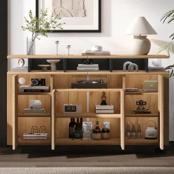 Buffet - Meuble de Rangement avec 4 Portes et 3 Étagères Ouvertes, Meuble d'Entrée - en Panneaux de Particules - Bois Naturel