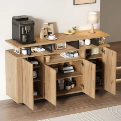 Buffet - Meuble de Rangement avec 4 Portes et 3 Étagères Ouvertes, Meuble d'Entrée - en Panneaux de Particules - Bois Naturel