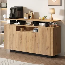 Buffet - Meuble de Rangement avec 4 Portes et 3 Étagères Ouvertes, Meuble d'Entrée - en Panneaux de Particules - Bois Naturel